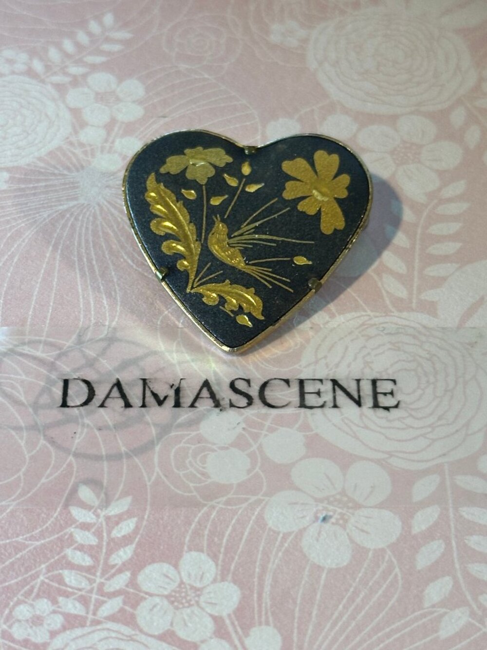 Vintage Made in Spain Heart Brooch Damascene Gold foil Inlaid